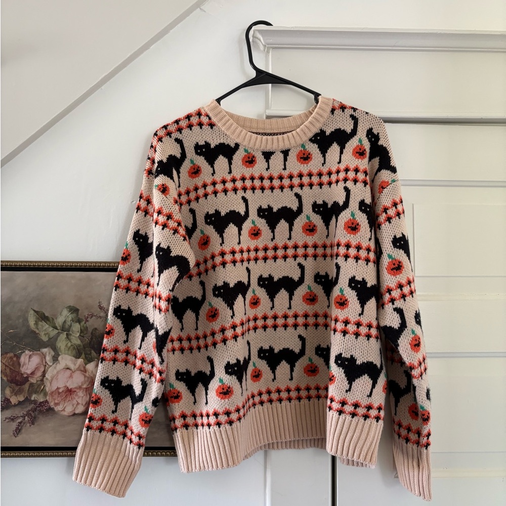 Womens Beige Halloween Cat Knit Sweater